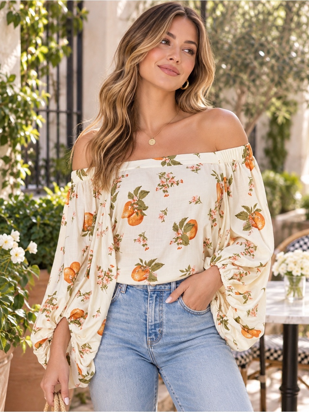 Sugarlips Orange Blossom Off Shoulder Blouse Cream Floral NWT Medium